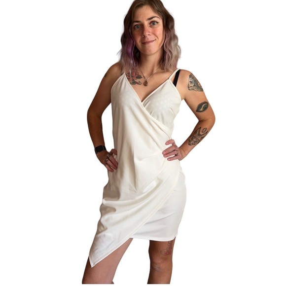 White Bodycon Dress Mini Surplice Spaghetti Strap Size L Large Asymmetrical Hem - Picture 9 of 12